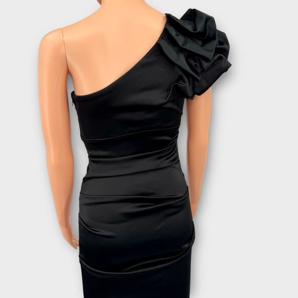 Cache Black Satin One Shoulder Ruched Cocktail Dress Size 4 Bow Accent Y2K Glam - Picture 10 of 16